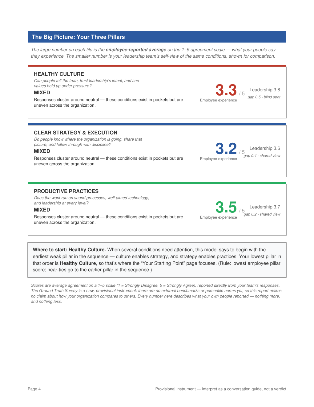Three-pillar Big Picture page from a sample Ground Truth Survey report